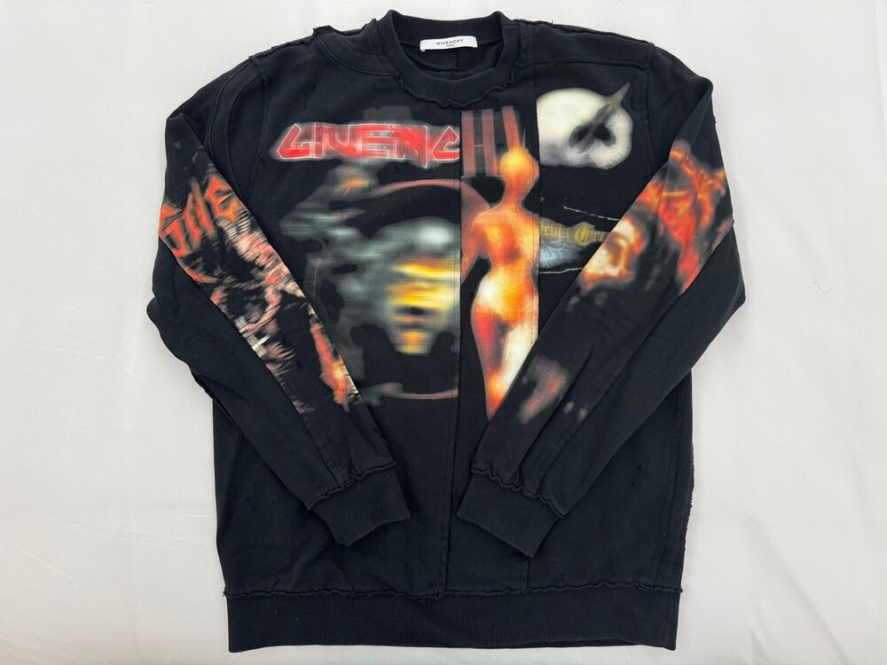 Givenchy Sweatshirt Mens Large Black Graphic Distressed Cuban Fit Skull Flames